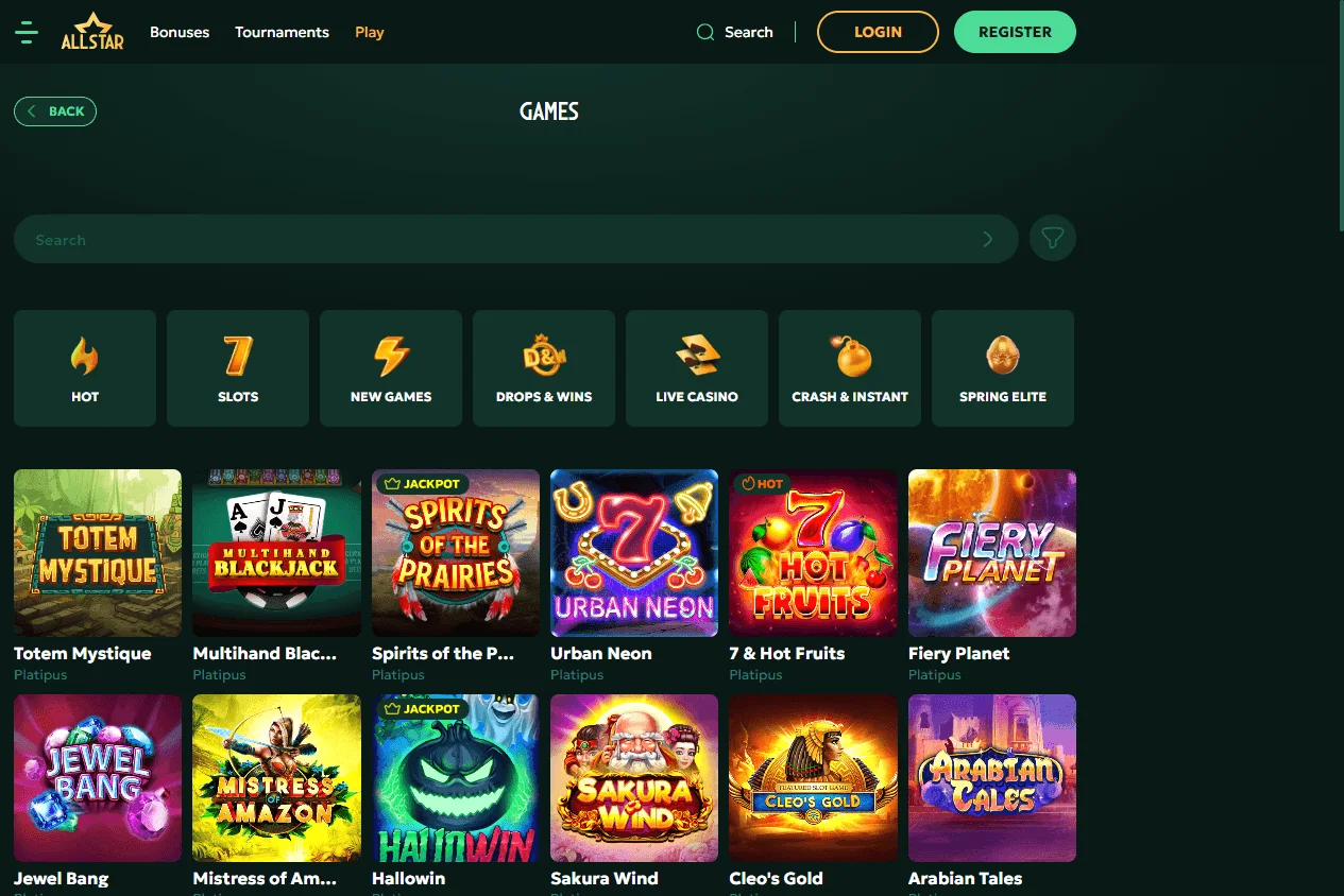 All Star Casino desktop casino collection with pokies and live game access