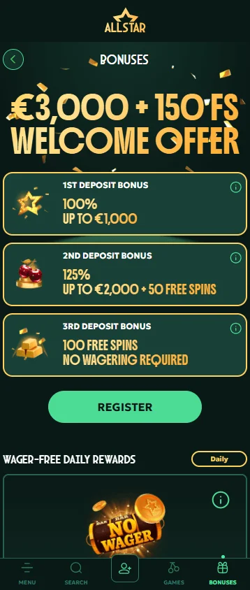 All Star Casino mobile promotions area with bonuses and free spins