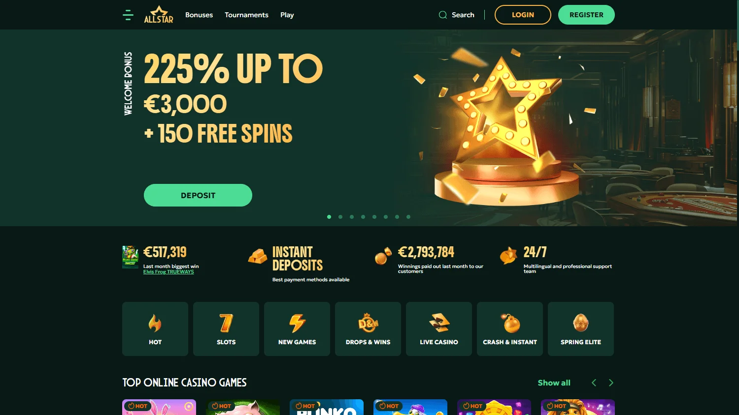 All Star Casino desktop home experience with welcome offer and casino access
