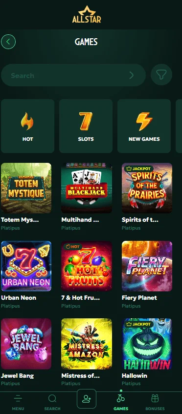 All Star Casino mobile casino collection with pokies and live tables